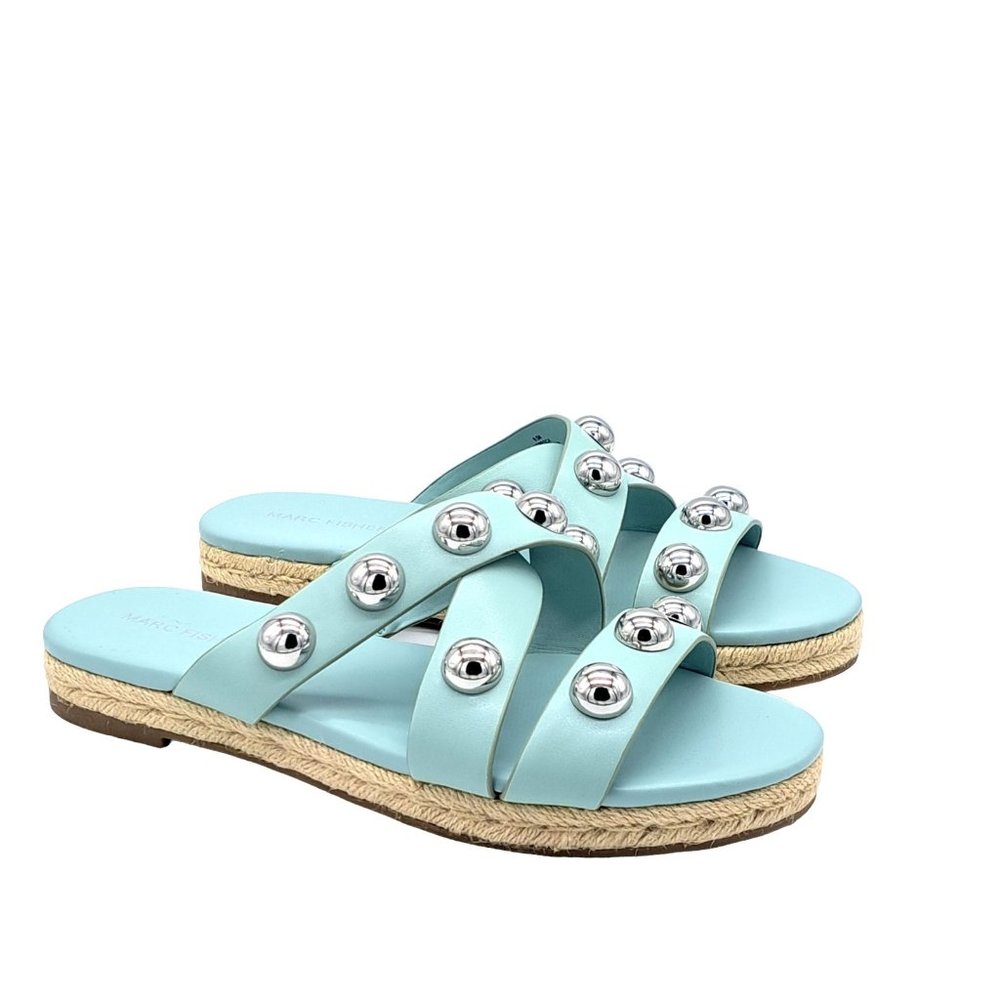 Marc Fisher Prisca Silver Ball Studded Sandals in Green Blue